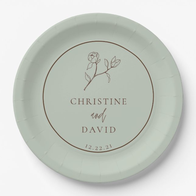 Simple Bohemian Wedding floral sage green Paper Plate (Front)