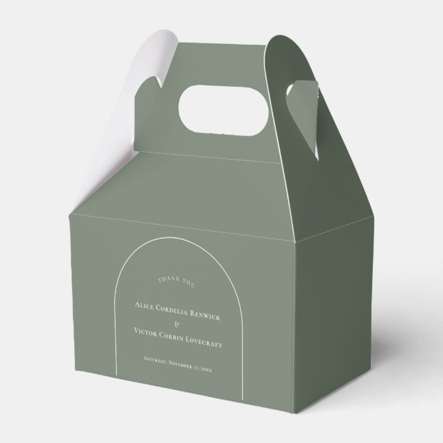 Simple Boho Arch Sage Green Wedding Favour Box (Front Side)