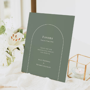 Simple Boho Arch Sage Green Wedding Favours Pedestal Sign