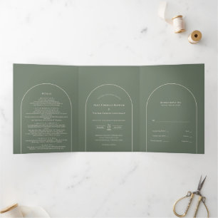Simple Boho Arch Sage Green Wedding Tri-Fold Invitation