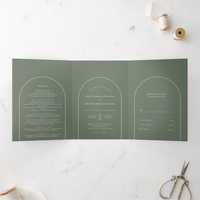 Simple Boho Arch Sage Green Wedding Tri-Fold Invitation (Inside)
