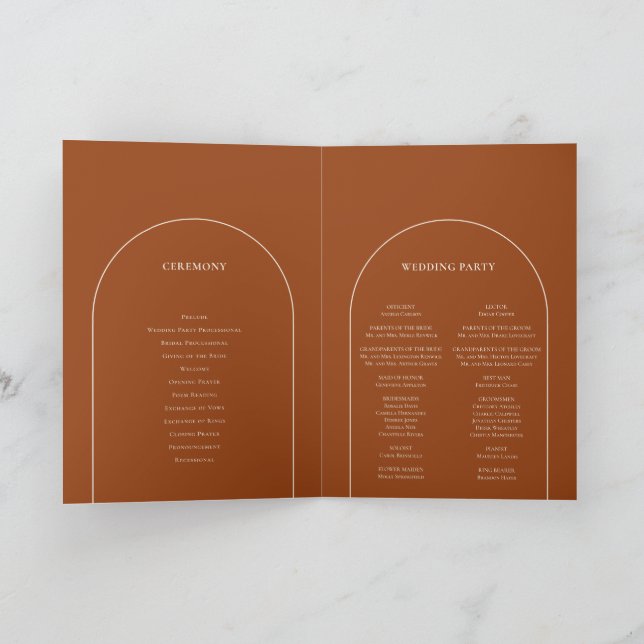 Simple Boho Arch Terracotta Wedding Folded Programme (Inside)