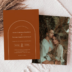 Simple Boho Arch Terracotta Wedding Photo Invitation