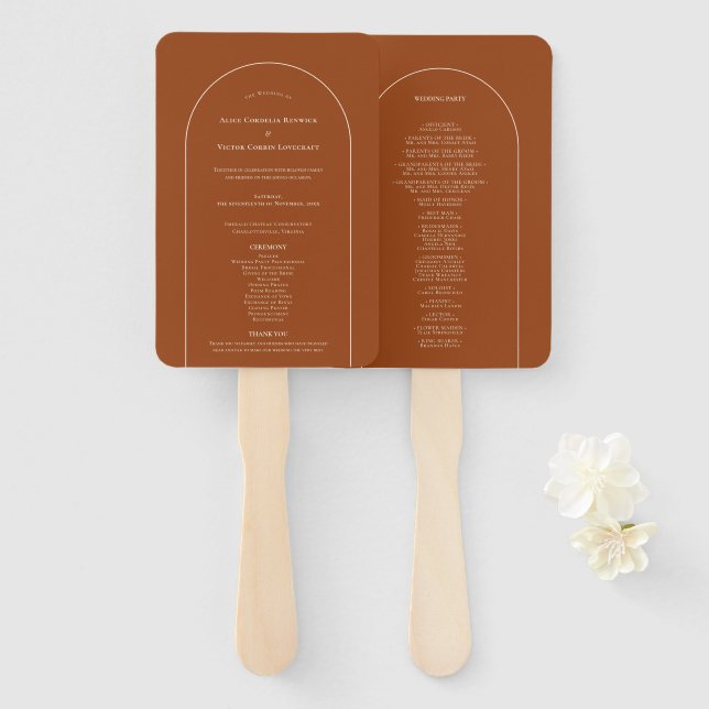 Simple Boho Arch Terracotta Wedding Program Hand Fan (Front and Back)