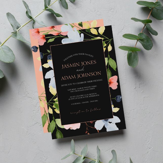 Simple Boho Black and Pink Floral Wedding Invitation (Creator Uploaded)