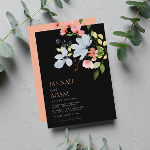 Simple Boho Black and Pink Floral Wedding Invitation