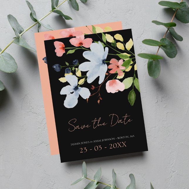 Simple Boho Black and Pink Floral Wedding Save The Date (Creator Uploaded)