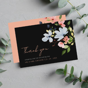 Simple Boho Black and Pink Floral Wedding Thank You Card