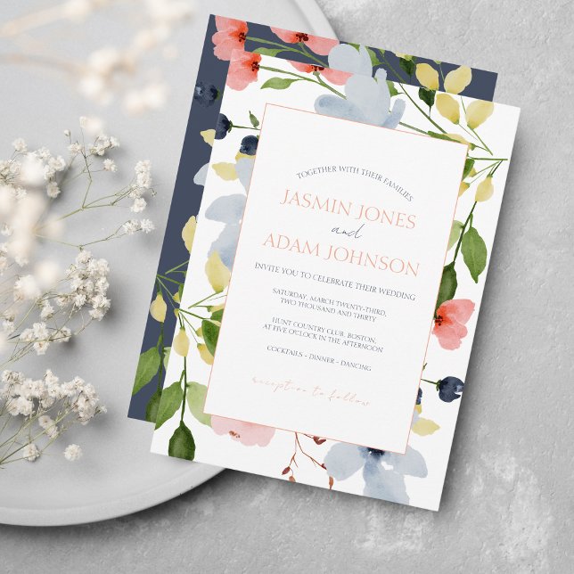Simple Boho Blue and Pink Floral Wedding Invitation (Creator Uploaded)