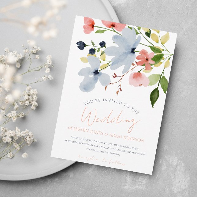 Simple Boho Blue and Pink Floral Wedding Invitation (Creator Uploaded)