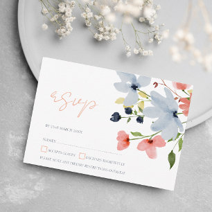Simple Boho Blue and Pink Floral Wedding RSVP Card