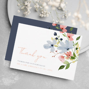 Simple Boho Blue and Pink Floral Wedding Thank You Card