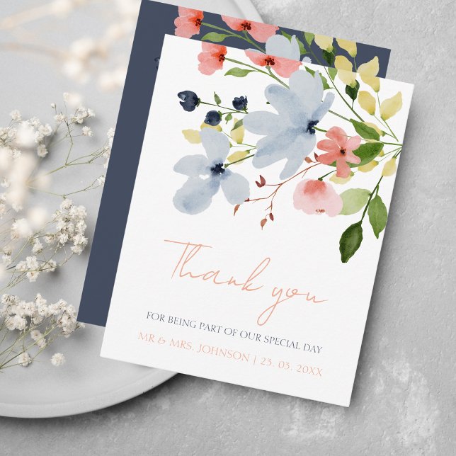 Simple Boho Blue and Pink Floral Wedding Thank You Card (Creator Uploaded)