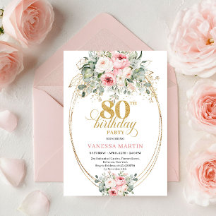 Simple Boho Blush Roses Greenery 80th Birthday Invitation