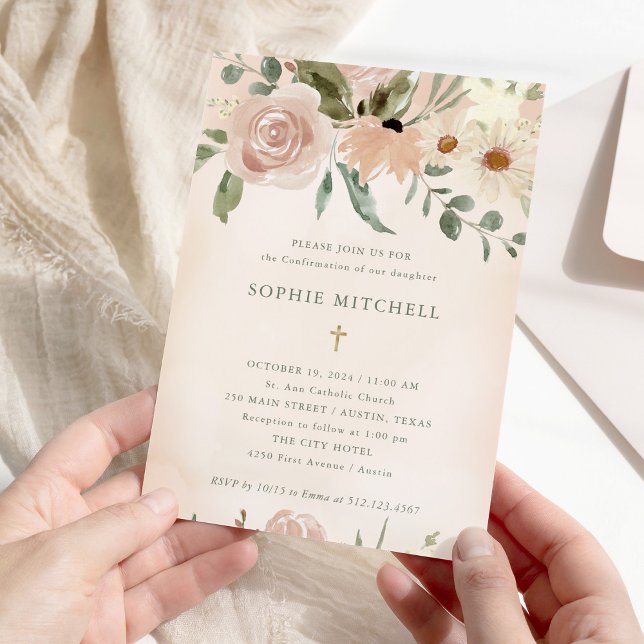 Simple Boho Blush Watercolor Flowers Confirmation Invitation (Creator Uploaded)