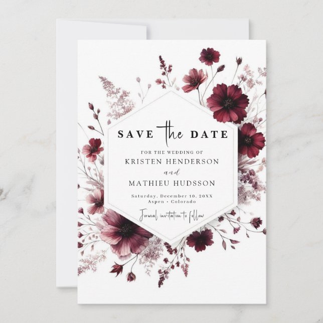 Simple Boho Burgundy Wedding Save The Date (Front)