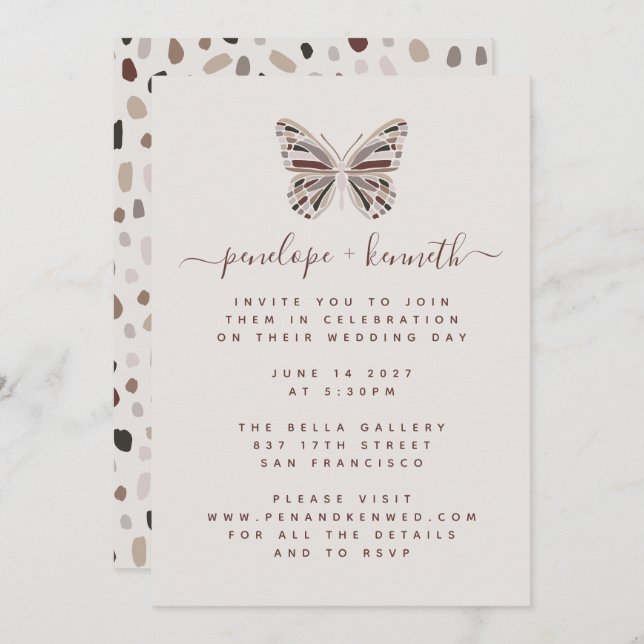 Simple Boho Butterfly Burgundy and Taupe Wedding Invitation (Front/Back)