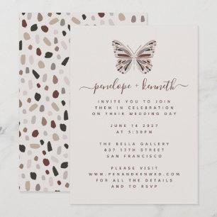 Simple Boho Butterfly Burgundy and Taupe Wedding Invitation