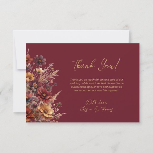 Simple Boho Chic Wildflowers Burgundy Wedding Thank You Card (Front)