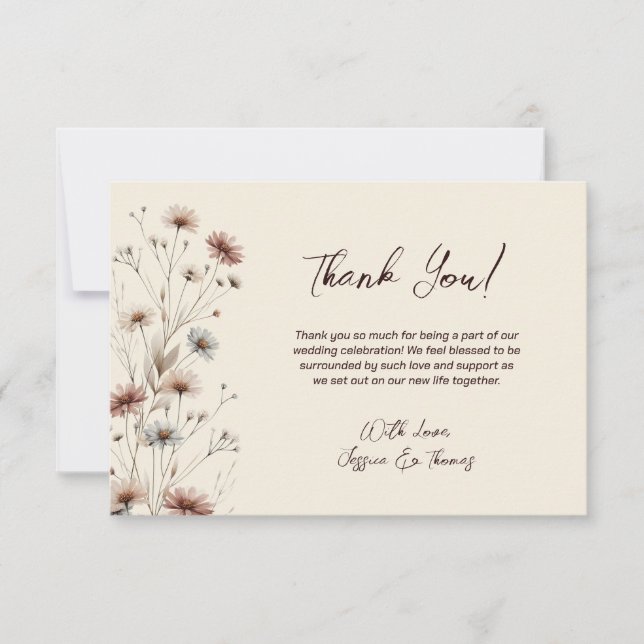 Simple Boho Chic Wildflowers Cream Wedding Thank You Card (Front)