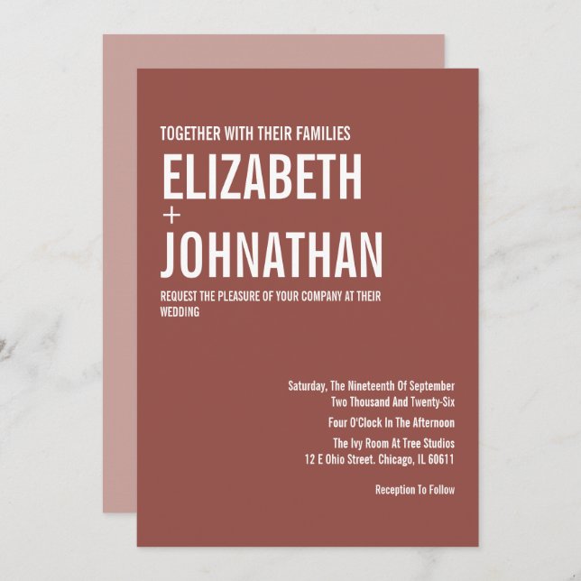 Simple Boho Dusty Rose Typography Wedding Invitation (Front/Back)