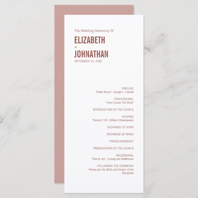 Simple Boho Dusty Rose Typography Wedding Program Programme (Front/Back)