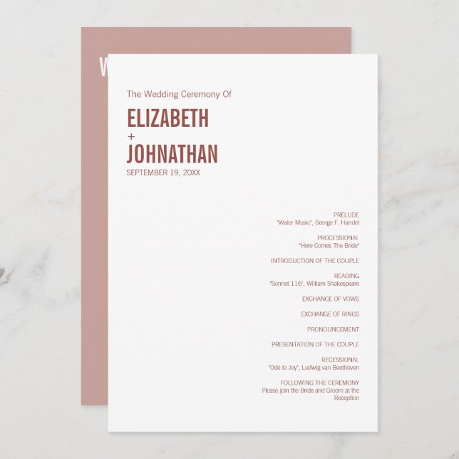 Simple Boho Dusty Rose Wedding Typography Programme (Front/Back)