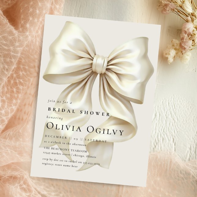 Simple Boho Elegant Ivory Cream Bow Bridal Shower Invitation (Creator Uploaded)