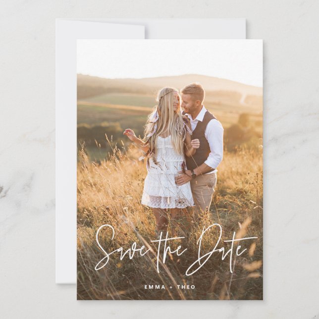 Simple Boho | Elegant Modern Script and Photo Save The Date (Front)