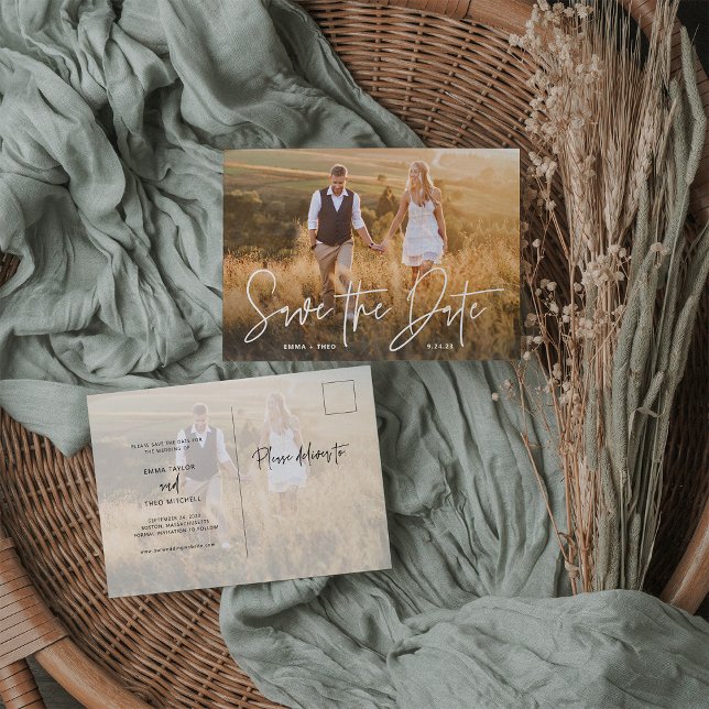 Simple Boho | Elegant Script Photo Save the Date Announcement Postcard (Creator Uploaded)
