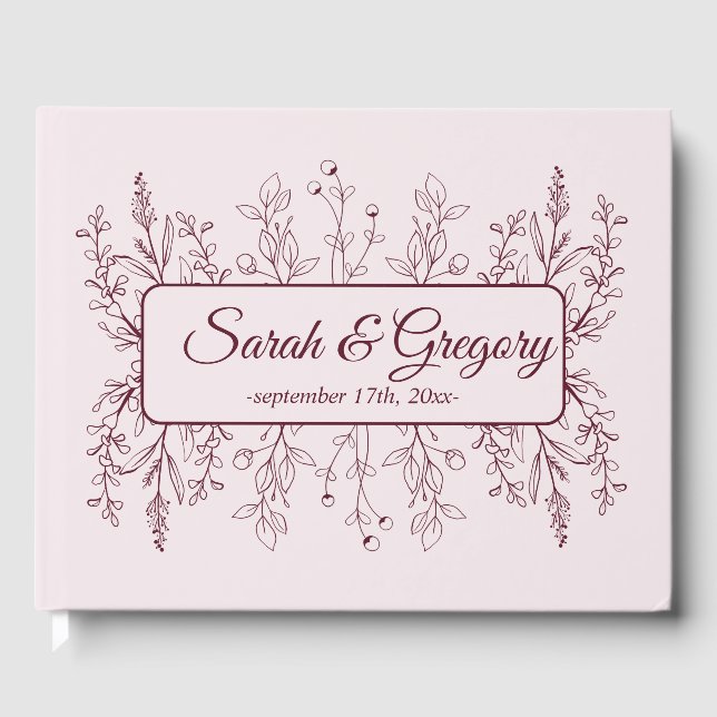Simple Boho Floral Ruby Wine Wedding  Guest Book (Front)