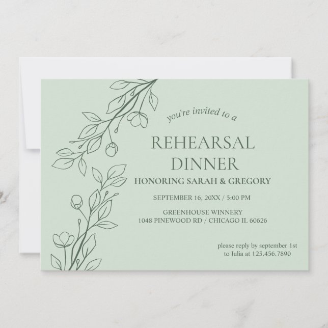 Simple Boho Floral Sage Green Rehearsal Dinner  Invitation (Front)