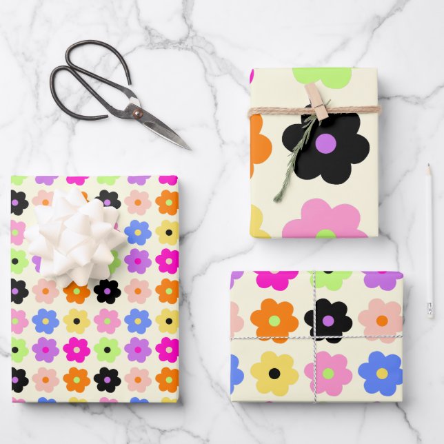 Simple BOHO Flowers Colourful Retro Daisy Pattern Wrapping Paper Sheet (Front)