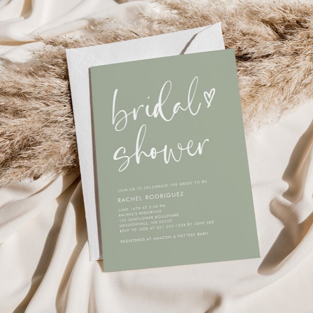 Simple Boho Handwritten Sage Green Bridal Shower   Invitation (Creator Uploaded)