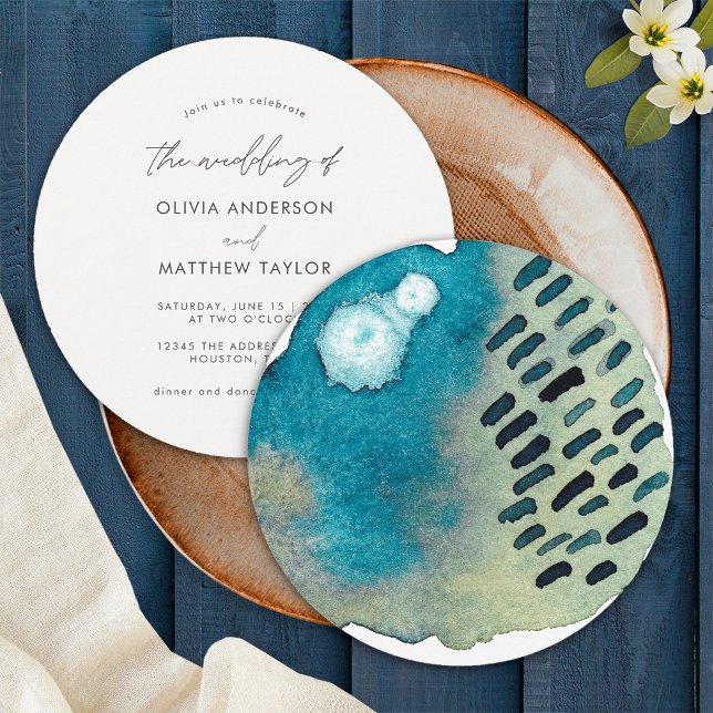Simple Boho Navy Abstract Watercolor Wedding Invitation (Front/Back)
