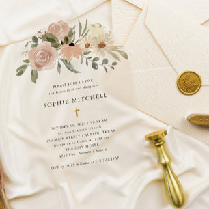 Simple Boho Neutral Watercolor Flowers   Baptism Acrylic Invitations