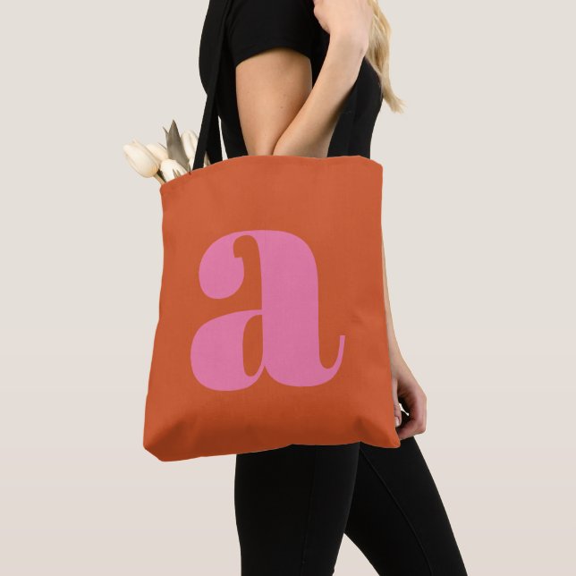 Simple Boho Pink Orange Bold Monogram Initial Tote Bag (Close Up)