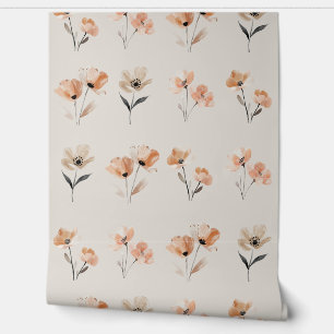 Simple Boho Poppy Flower Print Beige Wallpaper