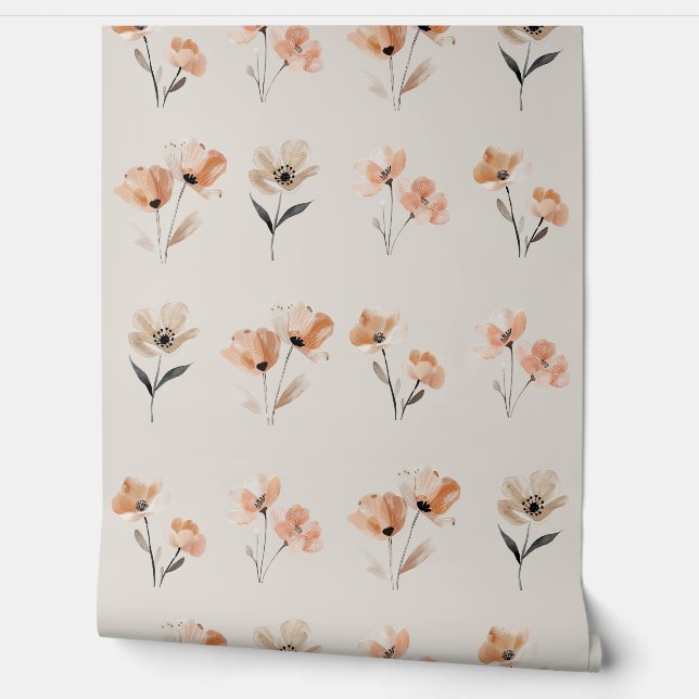 Simple Boho Poppy Flower Print Beige Wallpaper (Unrolling)
