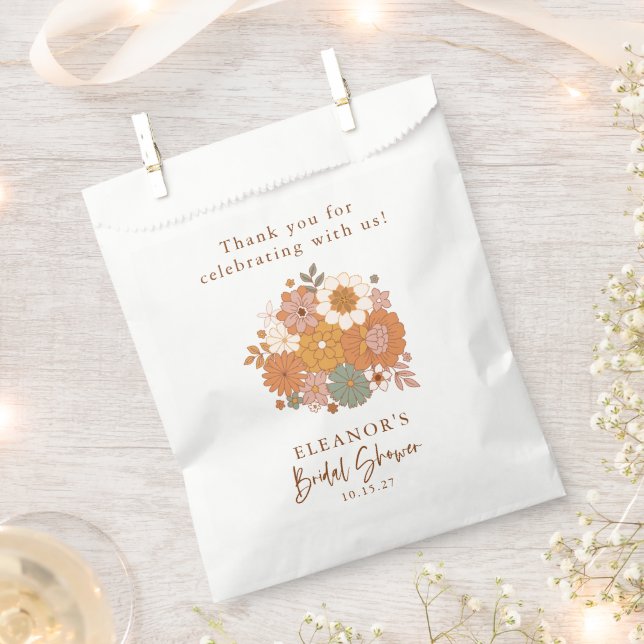 Simple Boho Retro Floral Bridal Shower Custom Name Favour Bags (Clipped)