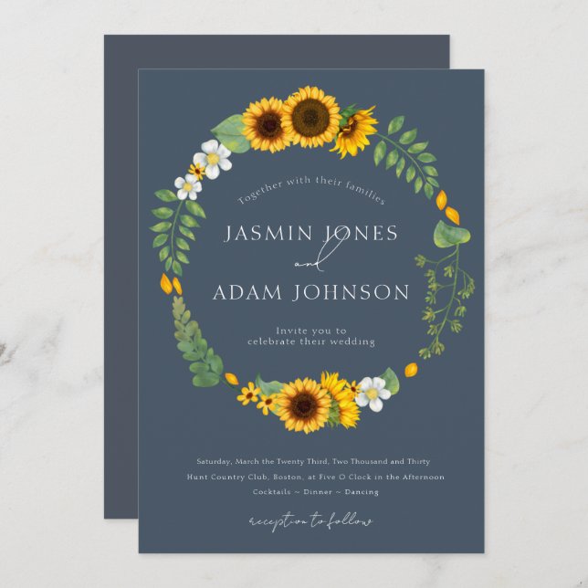 Simple Boho Royal Blue Opulence Sunflowers Wedding Invitation (Front/Back)