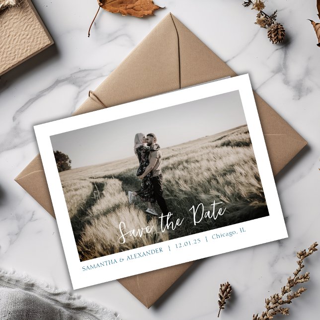 Simple Boho Save Our Date Blue Photo Postcard (Simple elegant Modern Blue Save The Date Postcard Invitation)