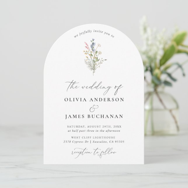 Simple Boho Spring Wildflower Arch Garden Wedding Invitation (Standing Front)