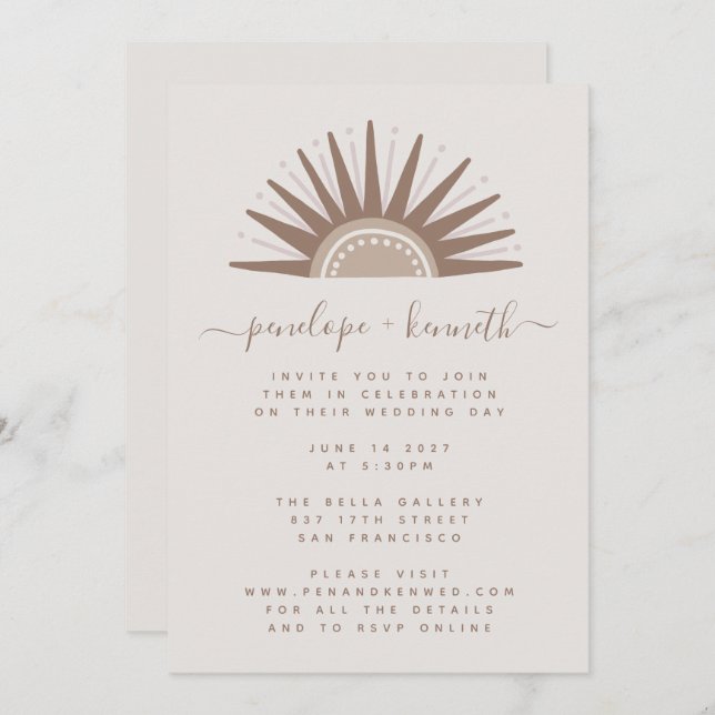 Simple Boho Sun Brown and Taupe Wedding Invitation (Front/Back)