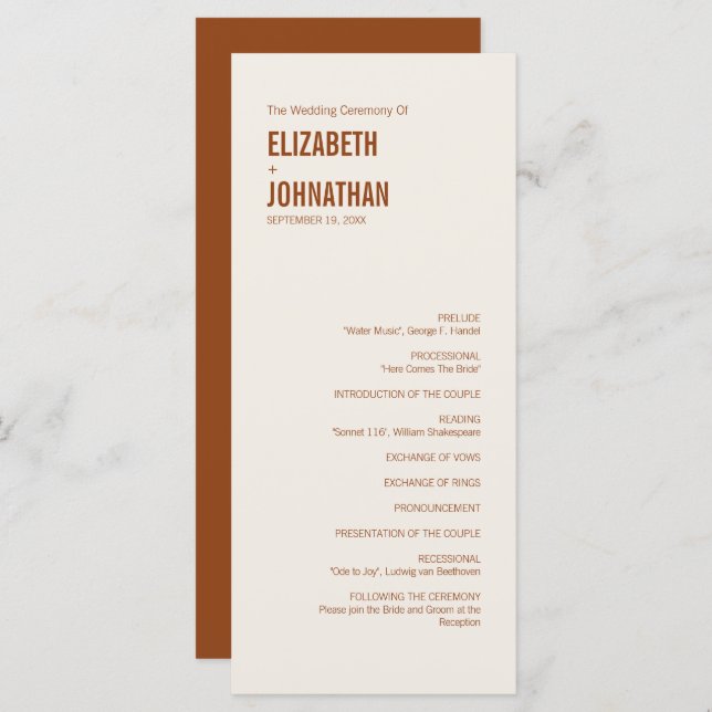 Simple Boho Terracotta Typography Wedding Program Programme (Front/Back)