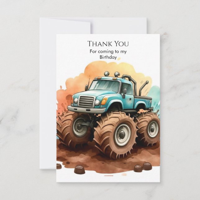 Simple Boho Wheels Monster Truck Birthday Thank You Card (Front)