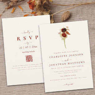 Simple Boho Wildflower Fall QR Code via Wedding Invitation