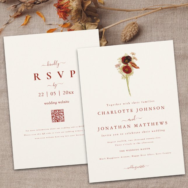 Simple Boho Wildflower Fall QR Code via Wedding Invitation (Simple Wildflower brown orange floral Wedding qr code invitation )