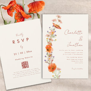 Simple Boho Wildflower Fall Wedding QR Code Invitation