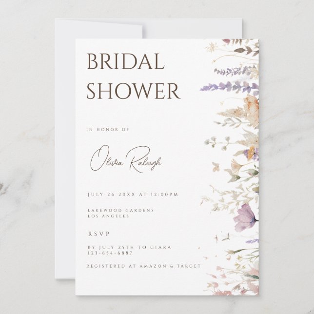 Simple Boho Wildflower White Bridal Shower Card (Front)